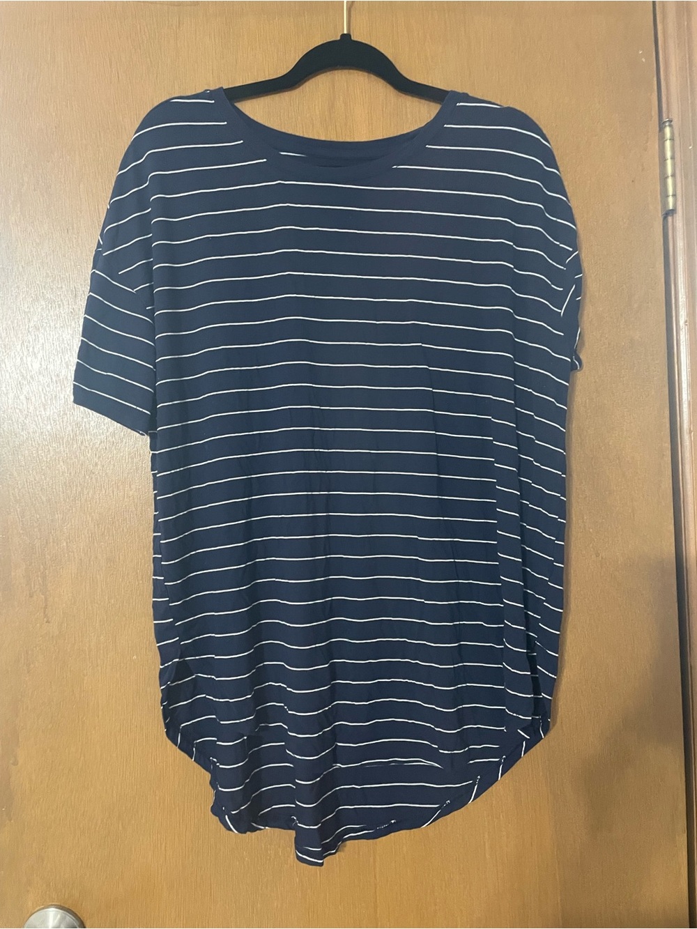 Time and Tru Navy and White Striped Short Sleeve Tee